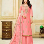 Peach-coloured and gold-toned embroidered unstitched dress material