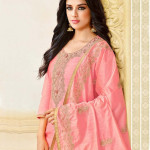 Peach-coloured and gold-toned embroidered unstitched dress material