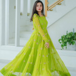 Green embroidered semi-stitched dress material